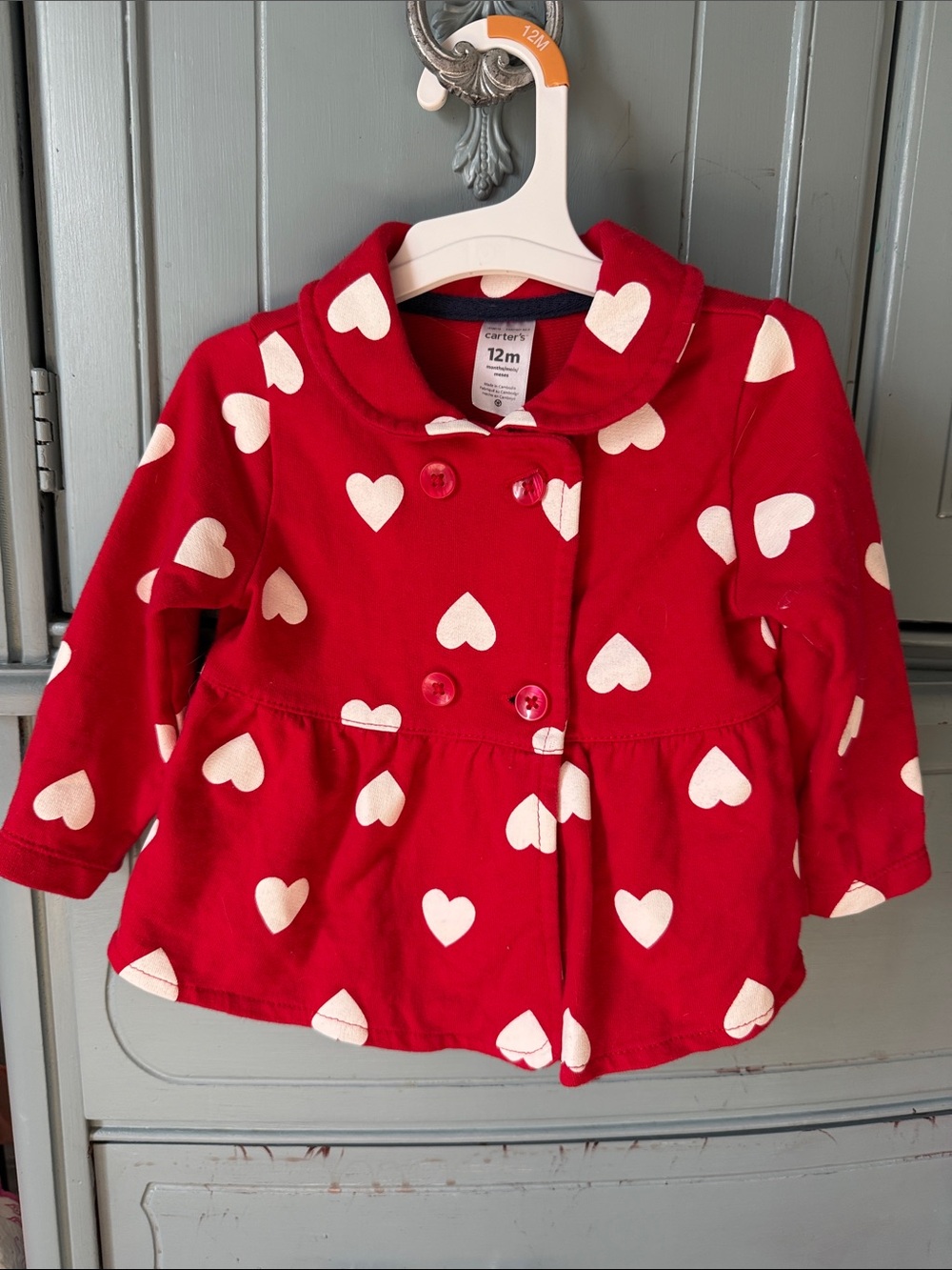 Carter's Red Peacoat with White Heart Print